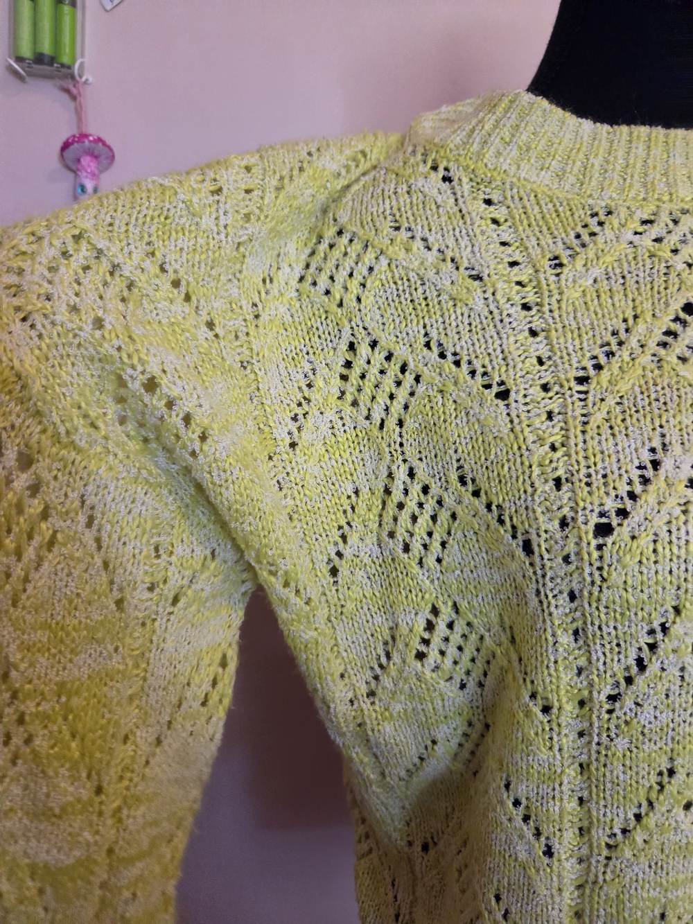 Cleo Open-Knit Crewneck Sweater in Green & Yellow Size Large - Picture 5 of 8